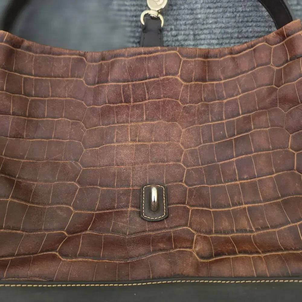 Vintage Dooney & Bourke Bayou Gathered Flap Bag Brown Alligator Embossed Leather